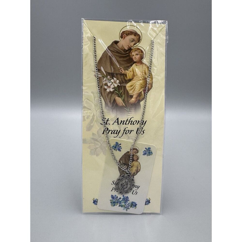 PRAY FOR US ST. ANTHONY‎ Oval Shaped Silver Colored Pendant Necklace W/ Card